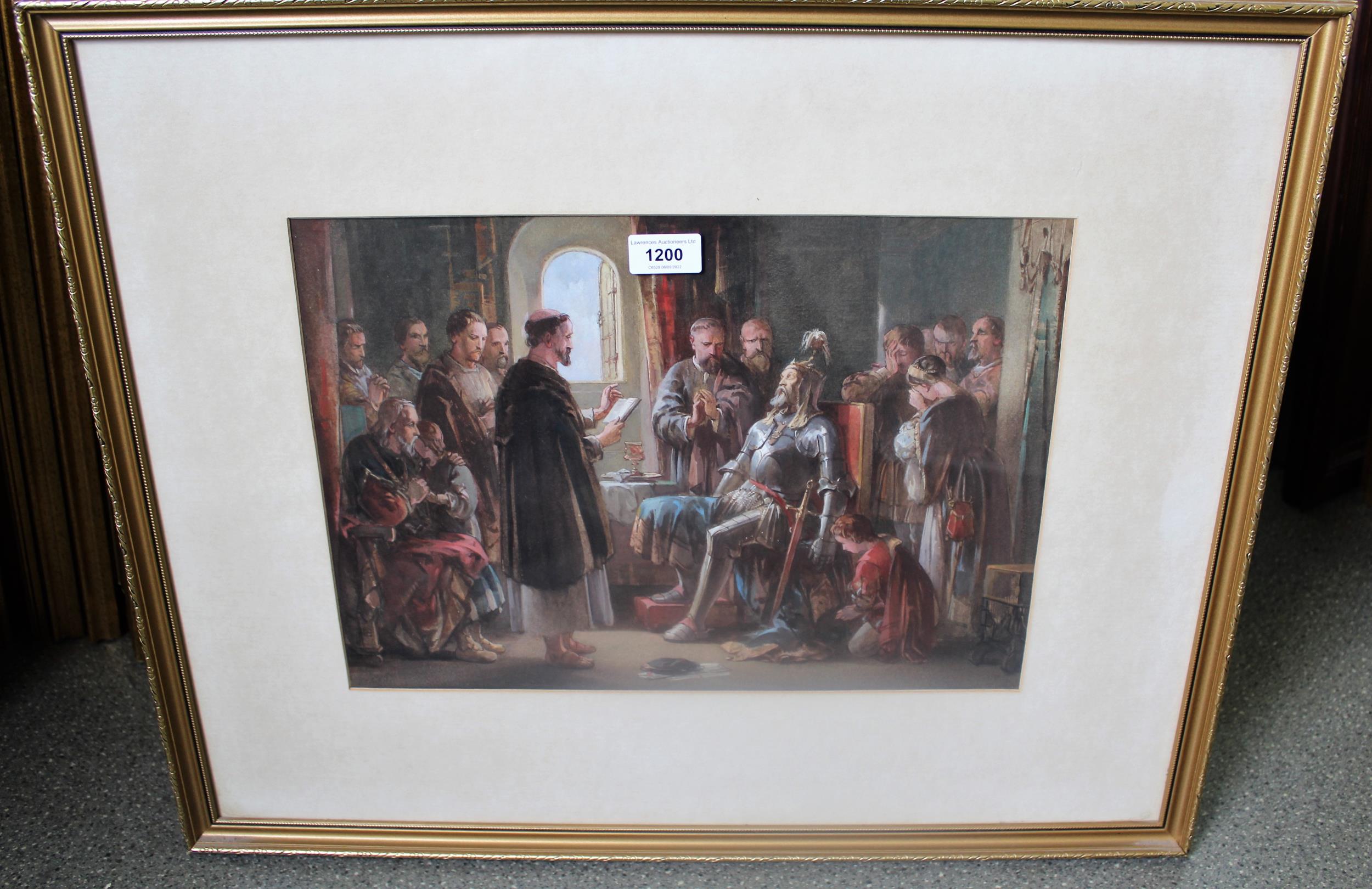 George Cattermole, watercolour, titled ' Death Of Seward first Earl Of Northumberland ', signed with - Image 2 of 2