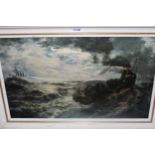 W. Windus, signed oil on canvas, World War I Naval engagement by moonlight, 12ins x 20ins