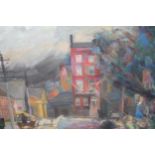 Two unframed oils, figures at a street market, signed Gough, and a study of a colourful street scene