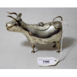 19th Century Dutch silver cow creamer with cabochon set eyes, 5.25ins long overall approximately,