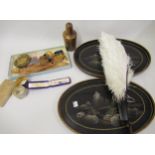 Two oval Japanese lacquered trays, an ostrich feather fan, together with small wooden items and a