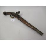 18th Century Continental flintlock pistol with a tapering steel barrel, engraved steel lock plate,