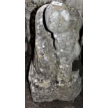 20th Century weathered carved stone garden sculpture of a kneeling figure, ' The Thinker ', 17.25ins