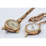 Two ladies 9ct gold cased wristwatches on expanding 9ct gold and steel sprung bracelets, 34.5g gross