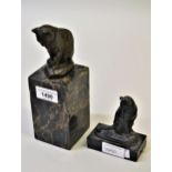 Two small reproduction bronze figures of cats on marble bases