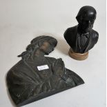 Small 19th Century dark patinated cast iron bust of a gentleman, on a stone socle, 7.5ins high