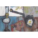 William Selby, signed mixed media painting on board, abstract still life with an oil lamp,