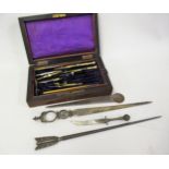 Small rosewood cased set of brass and boxwood drawing instruments, together with a silver plated