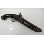 19th Century percussion cap pistol with plain steel barrel, lock plate, butt cap and trigger