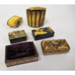 19th Century Tunbridge ware pin cushion, papier mache snuff box and four various horn and