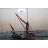 William Henry Hunt, watercolour, estuary scene with figures on a sailing barge to the foreground,