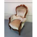 19th Century walnut armchair on carved cabriole supports, (for re-upholstery)