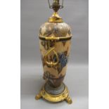 Doulton Lambeth stoneware and gilt brass mounted oil lamp base, the incised stylised floral