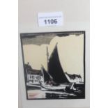 Frank Sherwin, woodcut print, fishing boats by fisherman's cottages, signed in the plate, 6ins x 4.