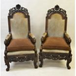 Pair of fine quality 19th Century rosewood elbow chairs, all over carved with flowers, cherubs, lion