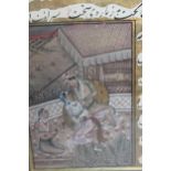 Indian watercolour, figures on a terrace, with text to the reverse, 6ins x 4ins, gilt framed