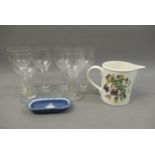 Set of six hollow stem wine glasses, small Portmeirion jug and a small blue Jasperware dish (at