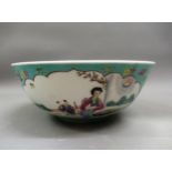 20th Century Chinese circular bowl, decorated with panels of figures in landscapes on a turquoise
