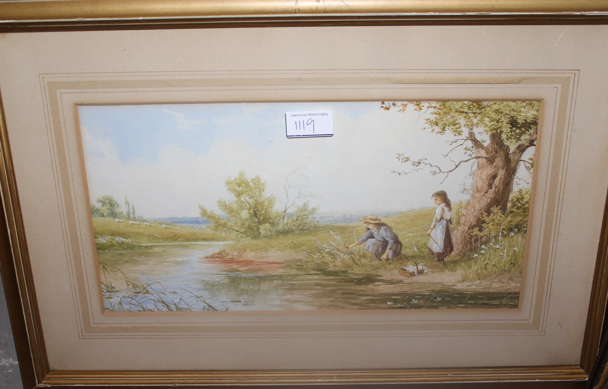 Two framed watercolours, children picking flowers by a river, signed, J. Barklay and a study of - Image 3 of 3
