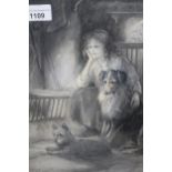 Andrew Scott Rankin, signed watercolour, young lady with dogs by a fire, 11ins x 8ins