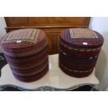 Pair of circular kelim covered high stools, 19ins high