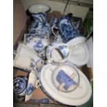 Pair of oval pottery tureens with covers, together with a quantity of blue and white dinner and