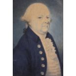 George III miniature watercolour portrait on card, of a bewigged gentleman in a blue overcoat,