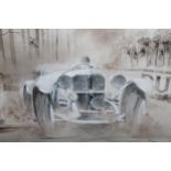 Bob Murray, watercolour and gouache, study of a vintage Mercedes motor racing vehicle taking a