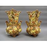 Pair of Zsolnay Pecs square baluster reticulated vases with typical pierced polychrome floral