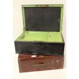 19th Century black painted tin stationery box, together with another rectangular wooden box with