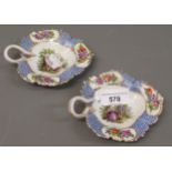 Pair of small Meissen (seconds) leaf form dishes painted with figures in landscapes, 4.75ins long