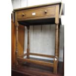 20th Century rectangular oak drop-leaf single drawer side table, on baluster turned supports with