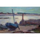 Eugene Chapleau, oil on board, coastal scene with boats at low tide, signed and dated '62, 19.5ins x