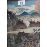19th Century Japanese woodblock print, buildings in a mountainous landscape with a waterfall,