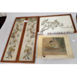 Pair of framed Chinese silk and gold thread sleeve panels depicting dragon chasing pearl, together