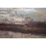 Julian Rix, oil on board, river scene at twilight, 17ins x 23.5ins, original gilt frame