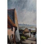 Oil on canvas, Continental coastal street scene, indistinctly signed, watercolour, view on the River