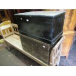 19th Century black painted pine trunk, together with another pine trunk Very poor overall condition