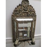 Antique style two branch wall mirror with rectangular bevelled plate and embossed later gold painted