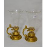 Pair of 19th Century ormolu chamber candlesticks with trumpet shaped blown glass shades (one at