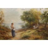 Ernest Walbourne, oil on canvas, lake scene with a lady gathering wood and children beside a fire in