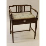 Edwardian mahogany line inlaid box seat piano stool with low back, on square tapering supports