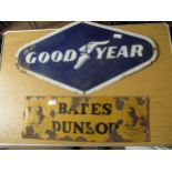 Enamel metal advertising sign for Goodyear, 29.25ins x 17ins together with another for Bates Dunlop,