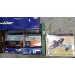 Box containing eight Corgi Aviation Archive 1/72 scale models and 1/32 scale model Spitfire, boxed