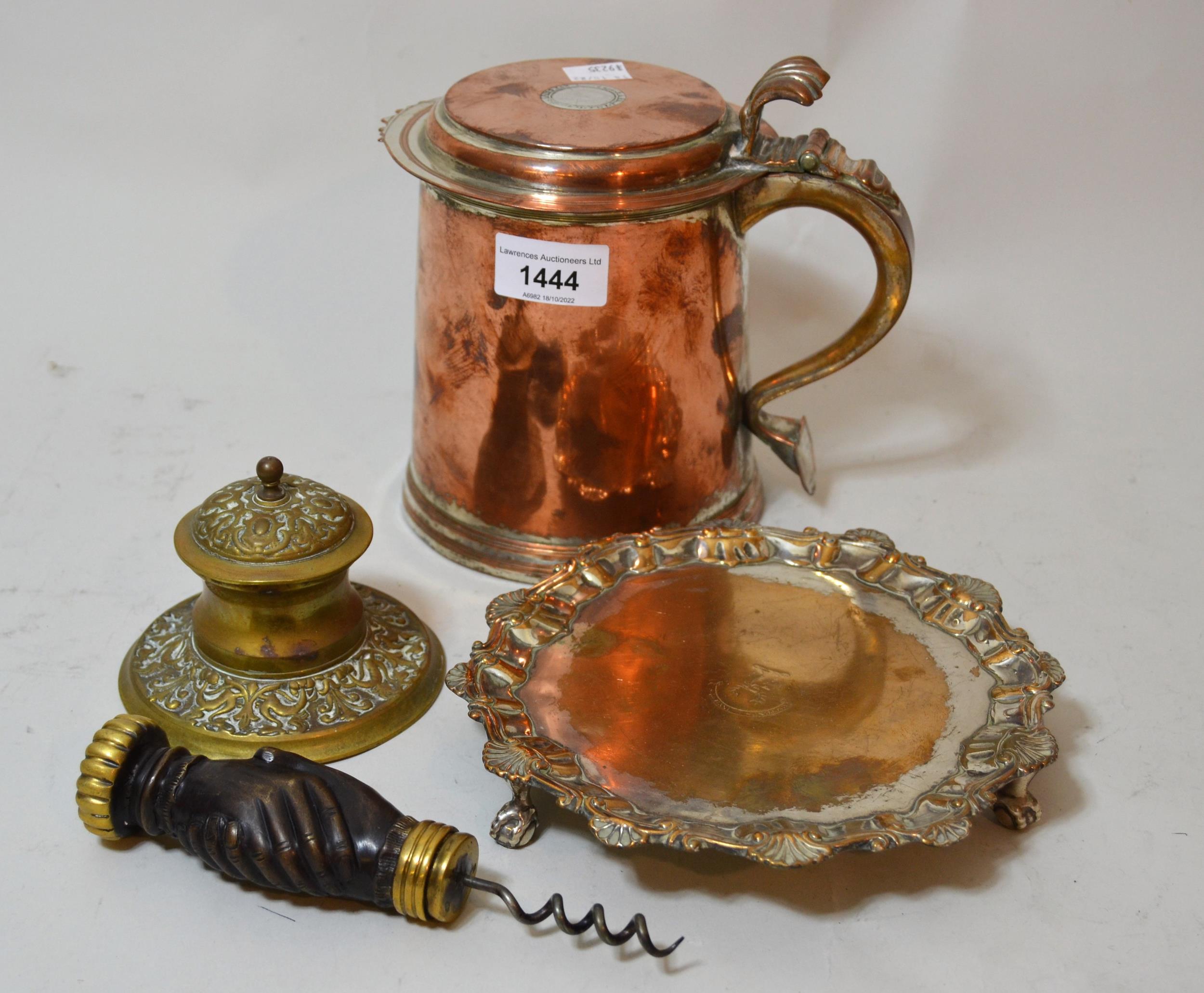 Copper tankard, the hinged lid inset with an antique coin, together with a small Sheffield plated