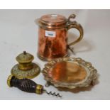 Copper tankard, the hinged lid inset with an antique coin, together with a small Sheffield plated