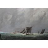 Frank Lewis Emanuel, oil on canvas, seascape with various shipping under a grey sky, signed and