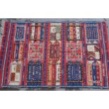 Kelim rug with part piled fifteen panel design in shades of red, blue, terracotta and cream, 8ft