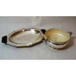 Art Deco silver plated two handled dish, another with glass liner and a quantity of plated flatware