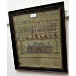 Early 19th Century alphabetical and pictorial sampler by Janet Coats, aged 9, dated 1839, 15ins x